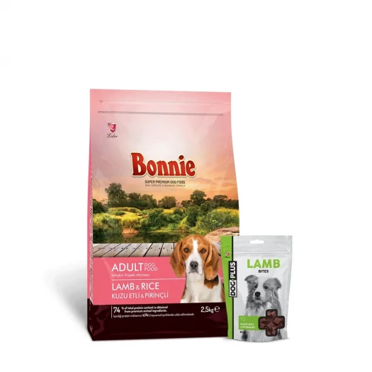 Bonnie Kuzulu ve Pirinçli Yetişkin Köpek Maması 2,5 Kg  + 1 Adet DogPlus Kuzu Etli Ödül Maması